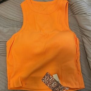 OGL Crop Razor Back Tank Top w/ Built in Bra - Color: Orange - Size: Large